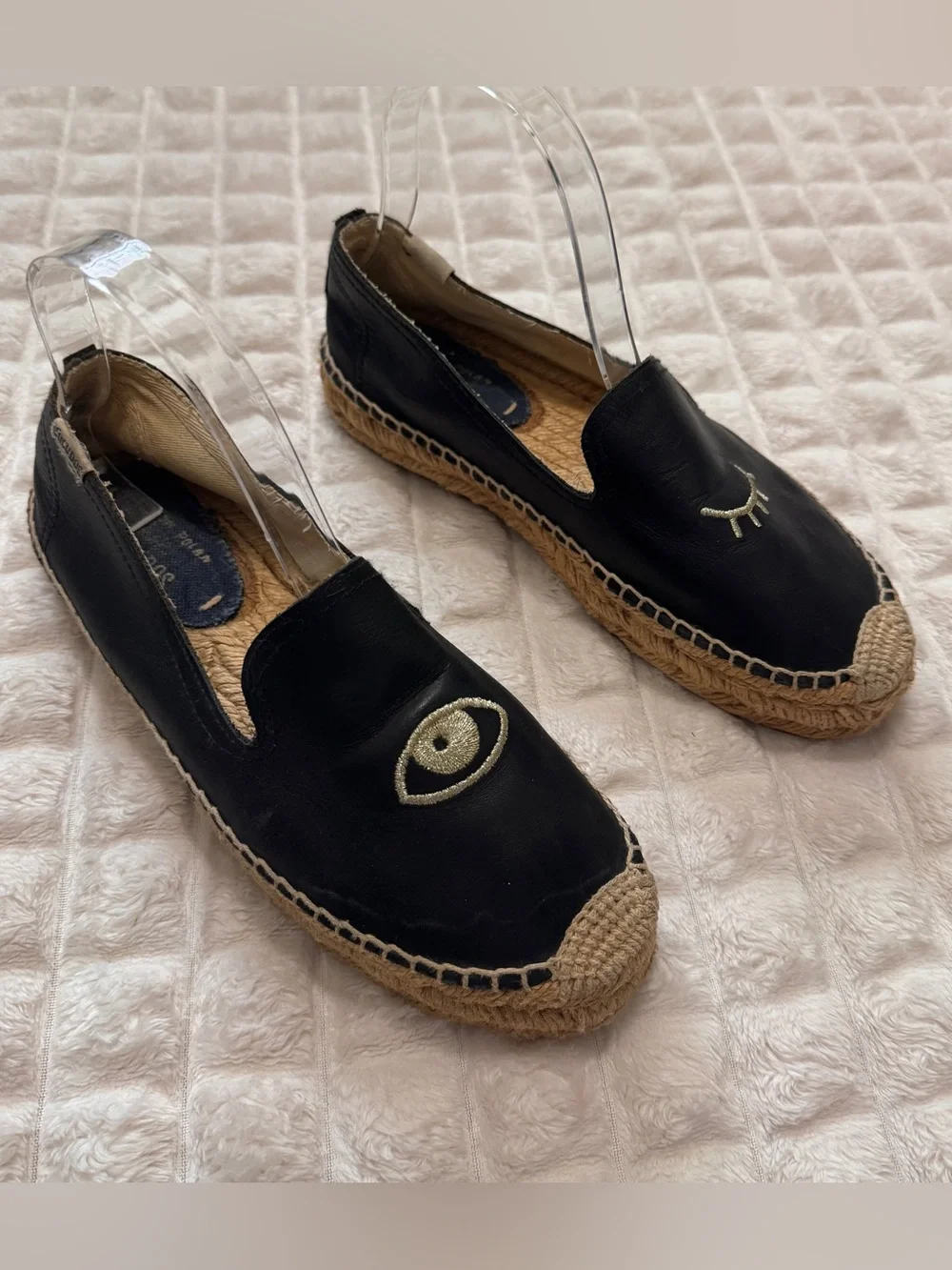 Soludos x Jason Polan 7.5 Eye Wink Black Leather Espadrille Flats Shoes